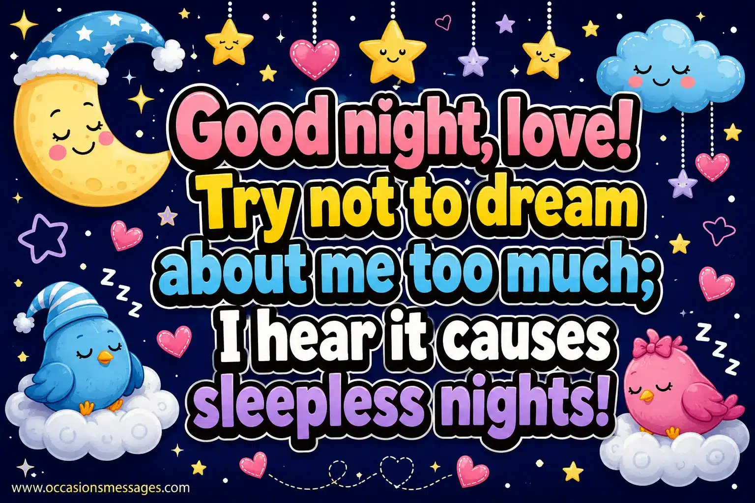 Cute cartoon bedtime scene featuring a smiling moon and playful stars highlighting a funny romantic good night message.