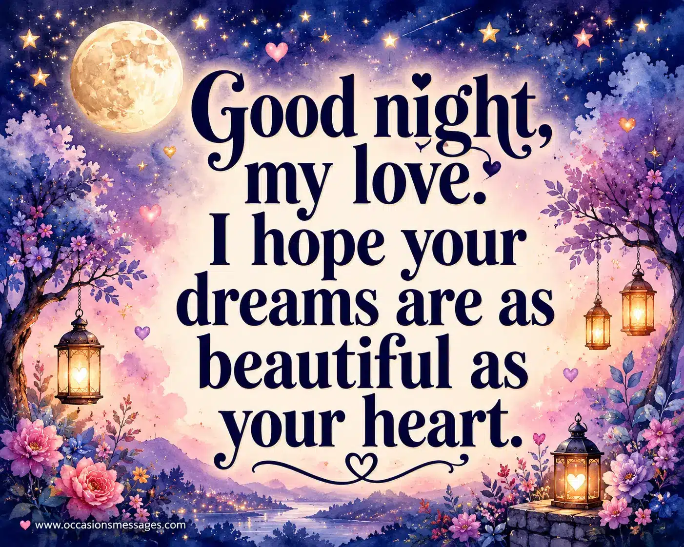 Watercolor good night illustration with moon, stars, glowing flowers, and a romantic quote wishing beautiful dreams for someone special.