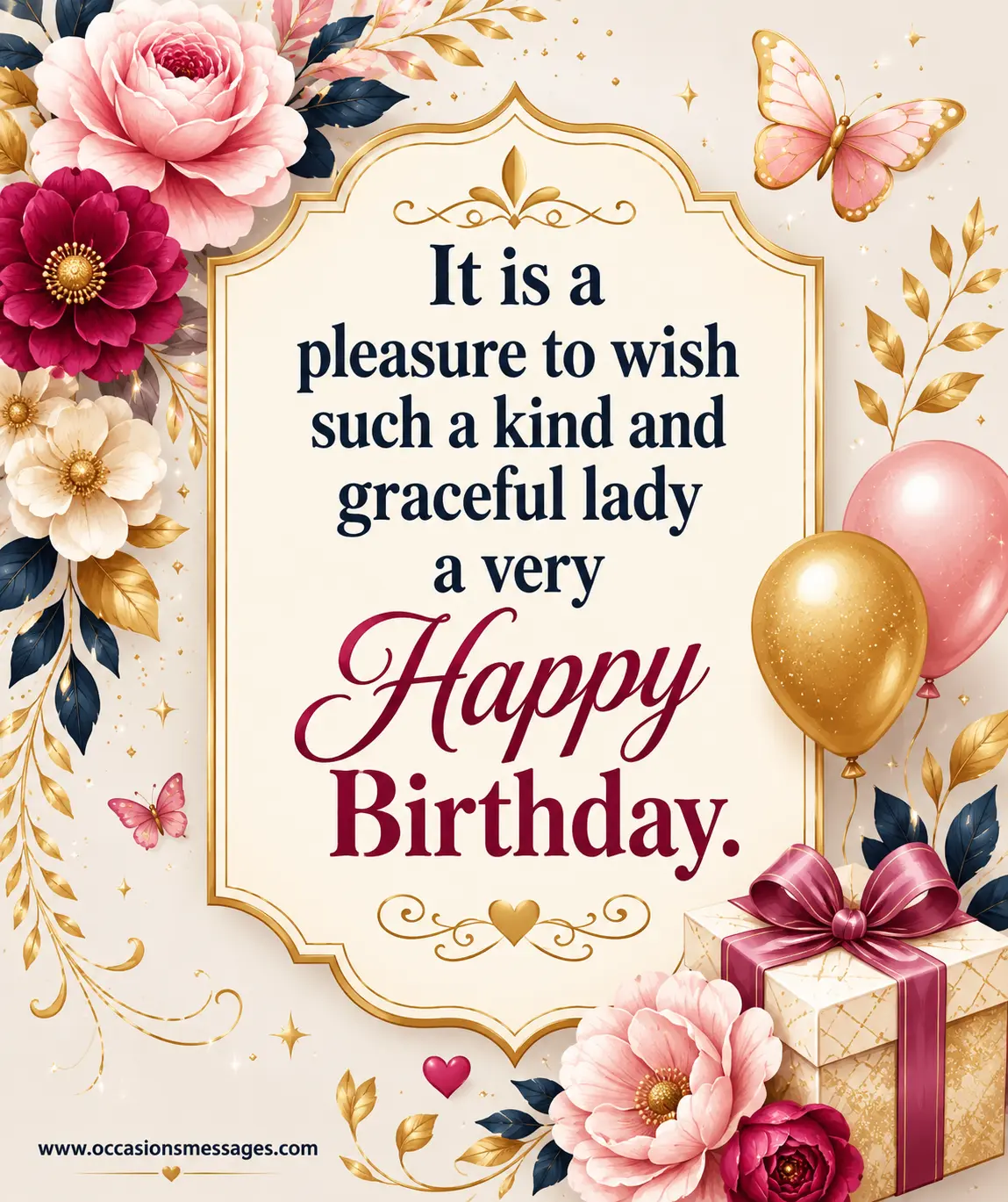 Elegant vector birthday artwork with floral ornaments and sparkling accents showcasing a graceful birthday quote honoring a kind and graceful friend's mother.