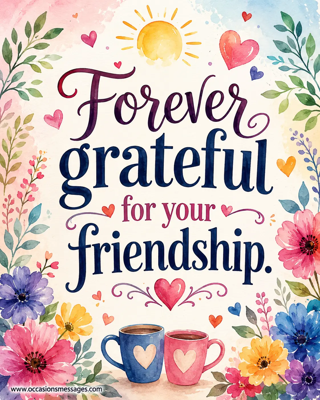 Illustrated friendship quote image with flowers, hearts, and warm decorative elements expressing gratitude for a lifelong friendship with the quote "Forever grateful for your friendship."