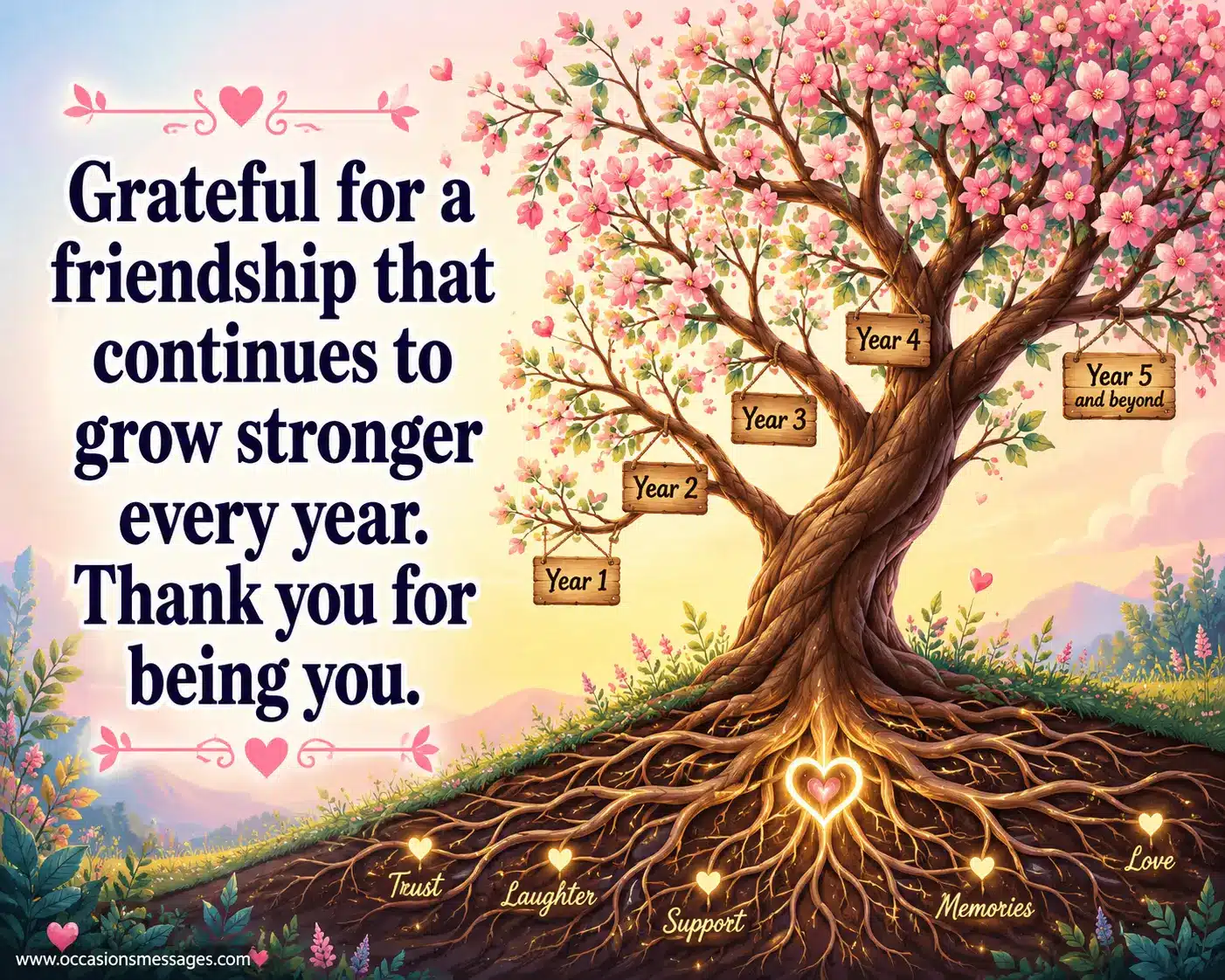 Soft illustrated friendship tree growing stronger each year to represent gratitude for a lasting and meaningful friendship.