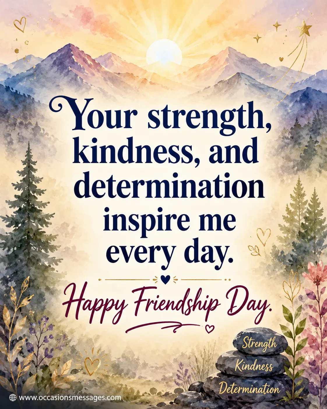 Soft watercolor inspirational Friendship Day illustration with mountains and sunrise symbolizing a brother's strength, kindness, determination, and encouragement.