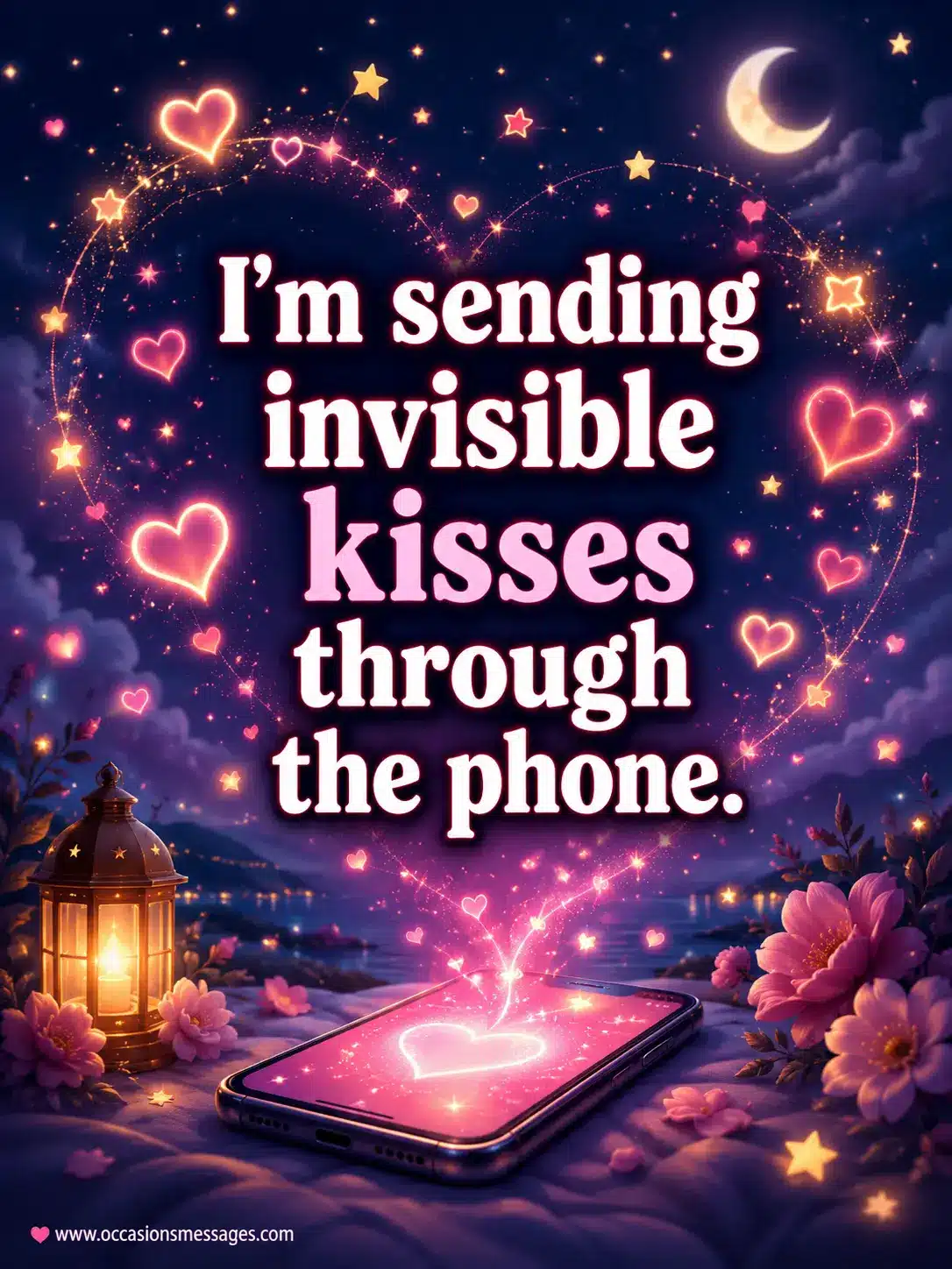 Soft digital painting of a glowing phone surrounded by floating hearts representing invisible kisses sent before bedtime.