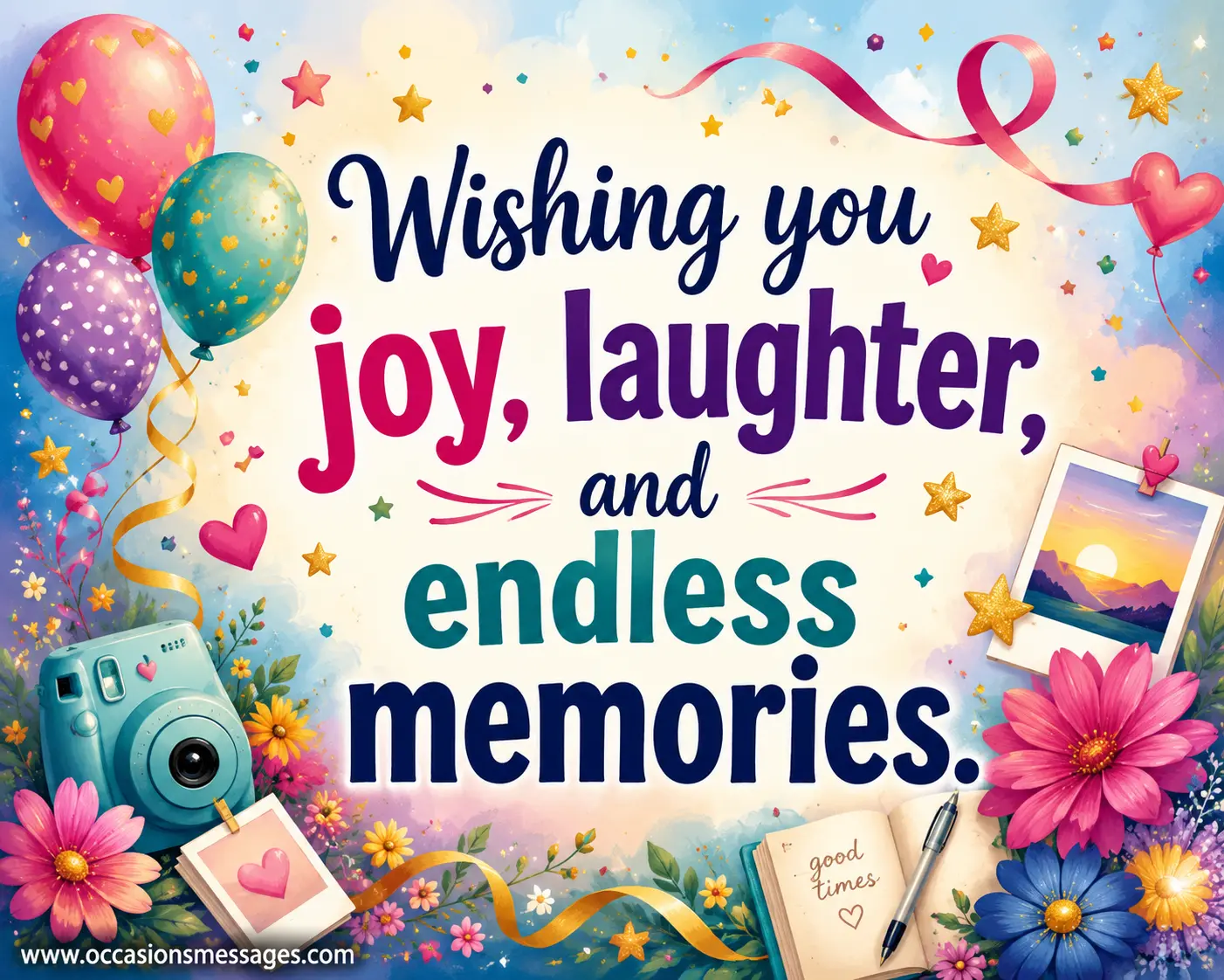 Colorful illustrated celebration with balloons, ribbons, stars, and joyful memory symbols emphasizing happiness, laughter, and lasting friendship moments.