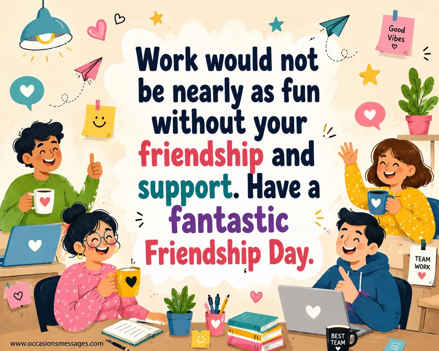Whimsical illustrated workplace scene highlighting fun, teamwork, and appreciation for a supportive colleague on Friendship Day.