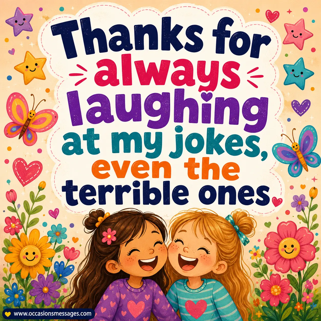 Children's-book-style friendship illustration showing two friends laughing together with a humorous quote about sharing every joke.