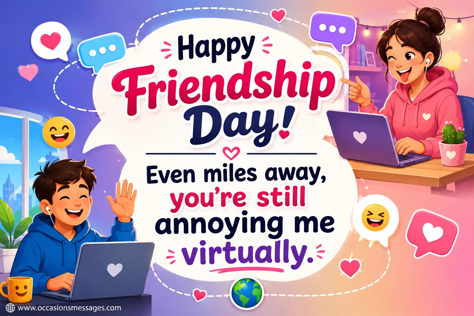 Colorful long-distance friendship illustration featuring friends chatting online and playfully annoying each other from miles away on Friendship Day.
