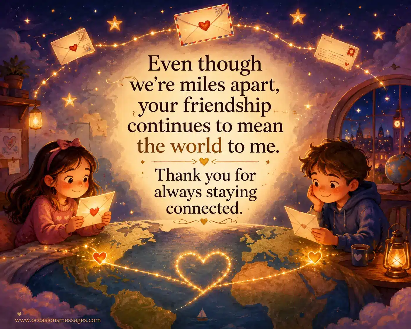 Whimsical long-distance friendship illustration featuring symbolic connections across the world with a thankful friendship quote.