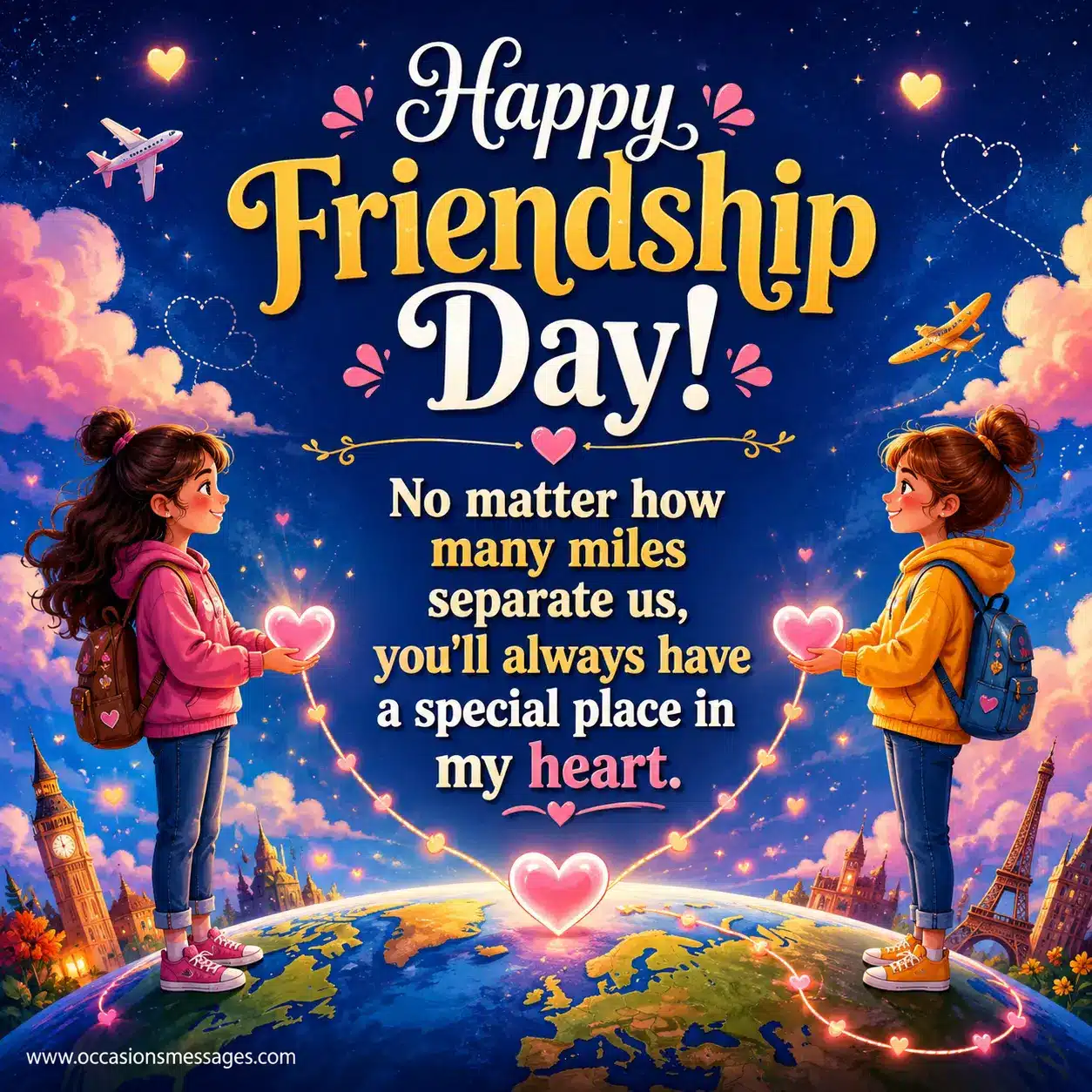 Colorful cartoon friendship illustration showing two long-distance friends connected across the world, featuring a heartfelt Happy Friendship Day quote about staying close despite miles apart.