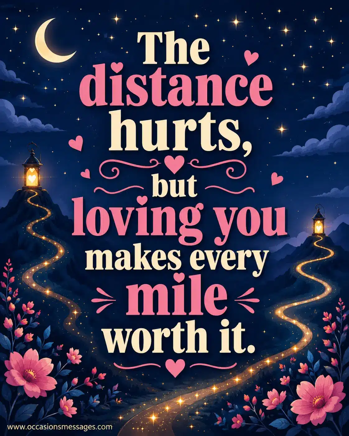 Flat vector night landscape with mountains, glowing path, stars, and an inspiring long-distance love quote about every mile being worthwhile.