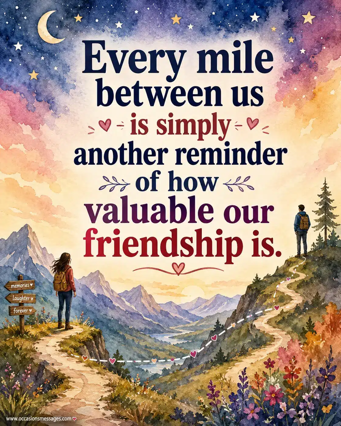 Artistic watercolor scene with a path linking faraway friends, representing the value of friendship and the meaning of every mile between friends.
