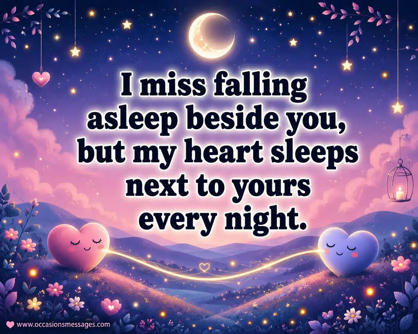 Pastel nighttime illustration with symbolic hearts connected by moonlight expressing love that stays close despite sleeping apart.