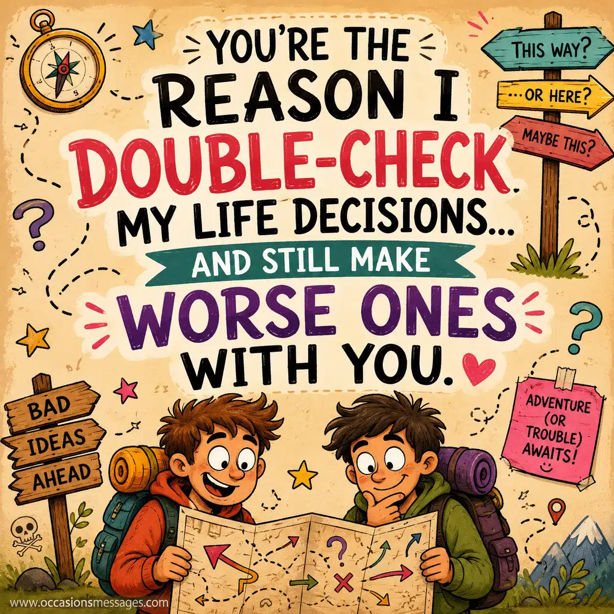 Playful hand-drawn image of two friends making silly life choices together, symbolizing humorous friendship and bad decision-making adventures.