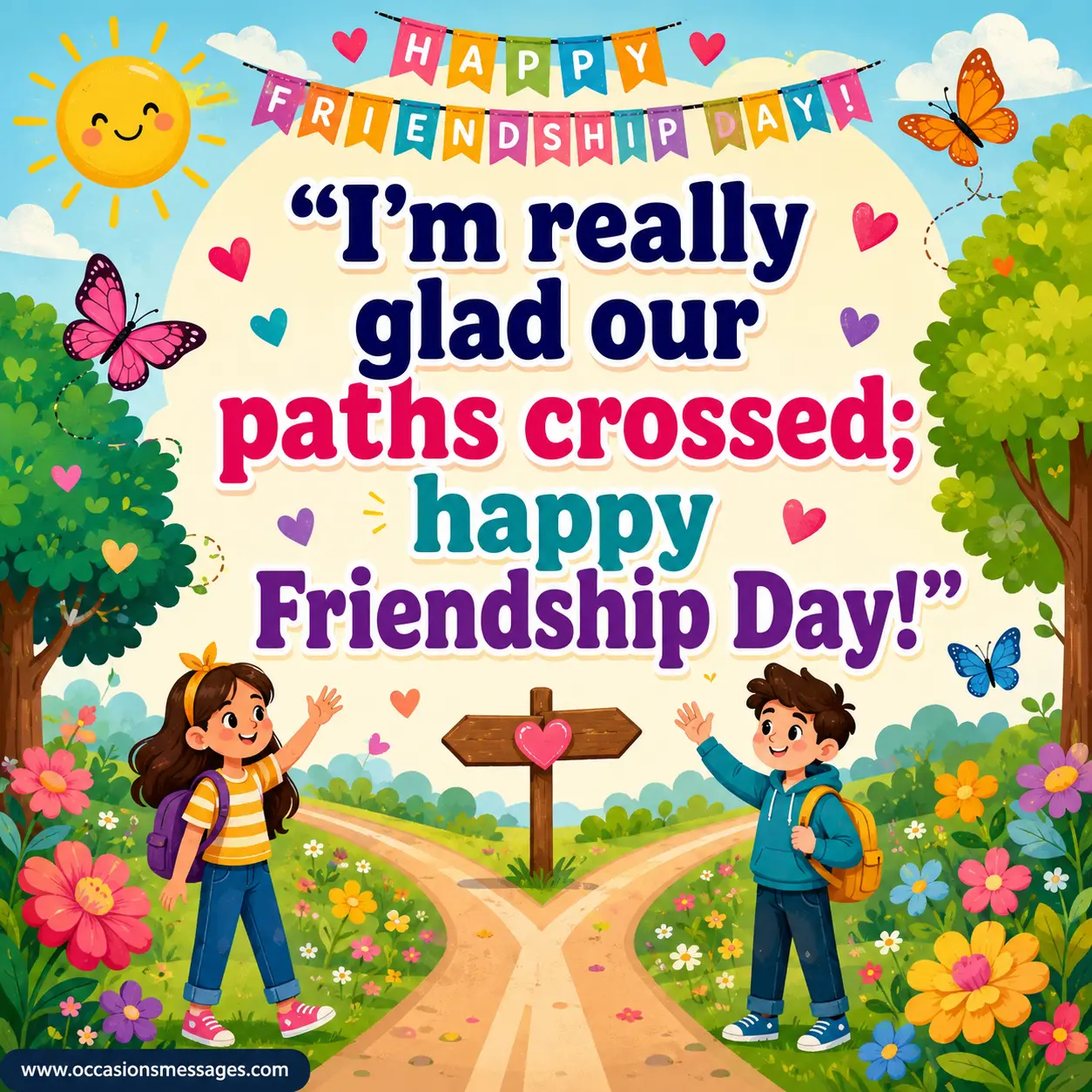 Flat-design illustration of two friends meeting at a beautiful crossroads with a warm Friendship Day message about paths crossing.