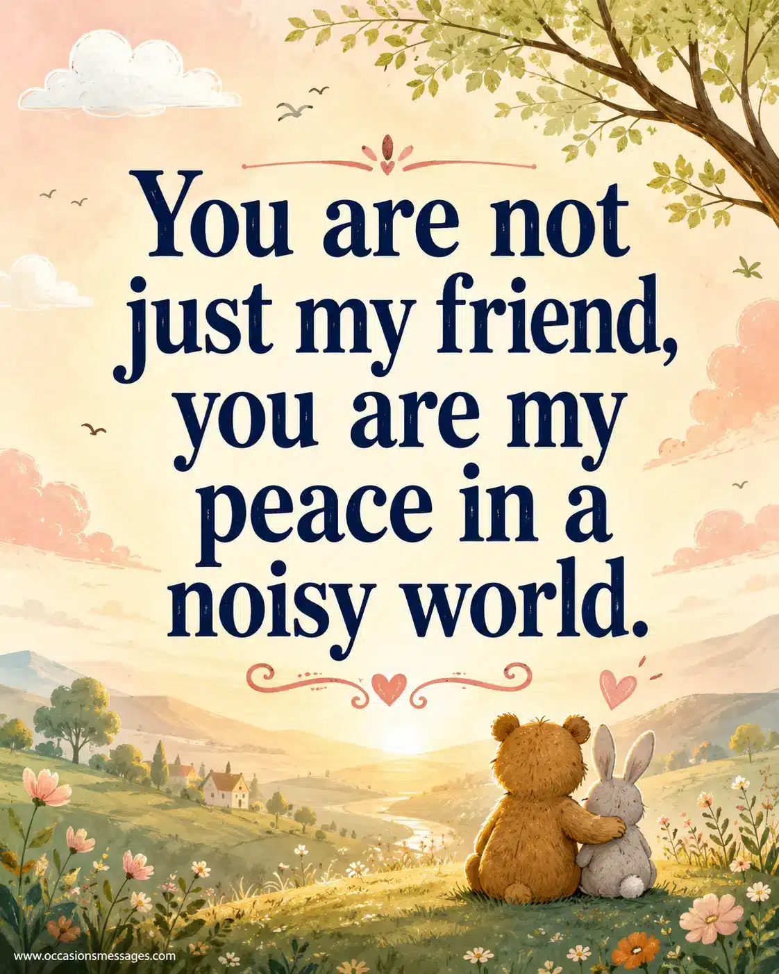 Peaceful illustrated landscape with calming hills and a soft glowing sky featuring a heartfelt friendship quote about finding peace in a true friend, designed as an inspirational social media quote image.