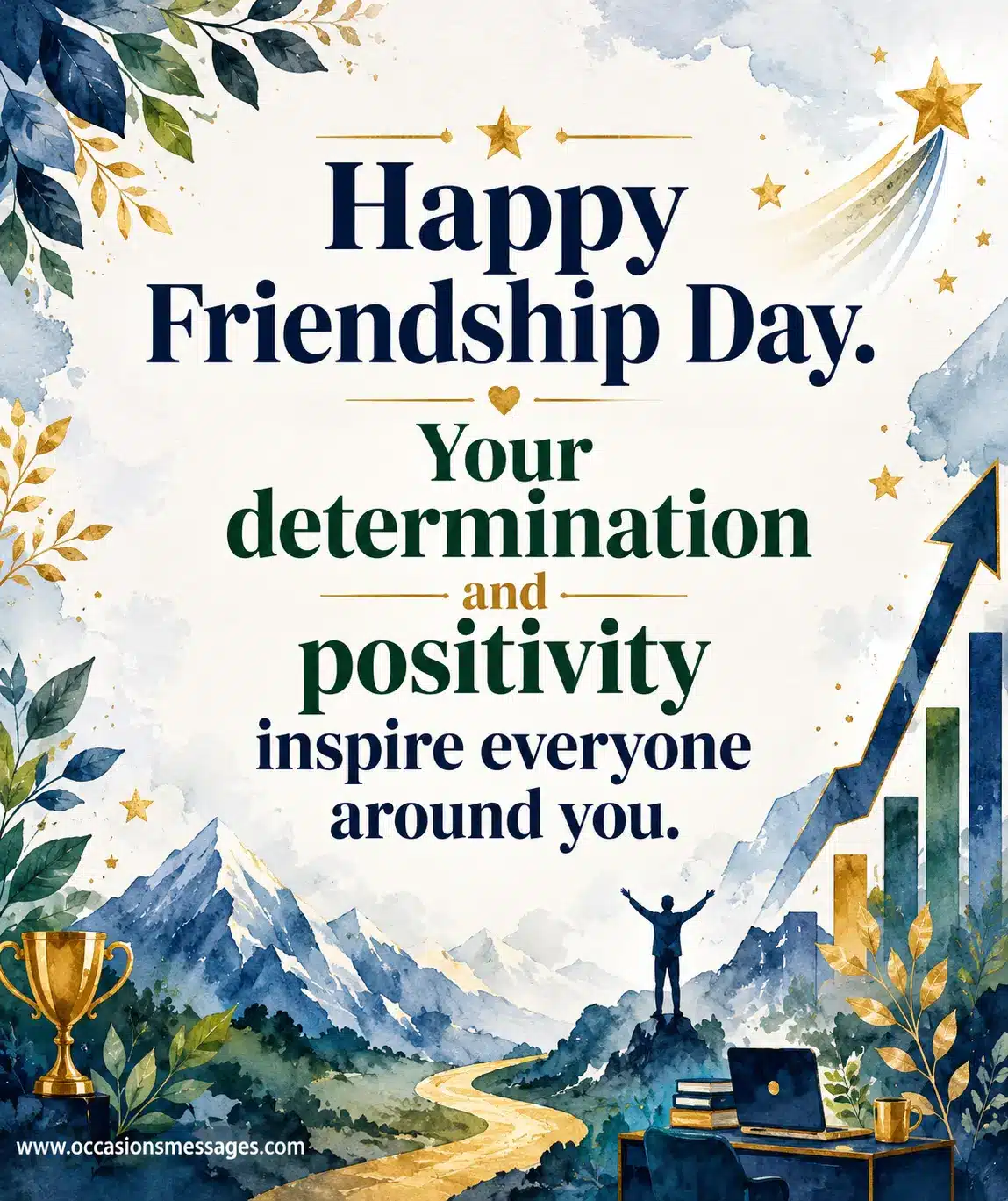 Inspirational watercolor office-themed artwork symbolizing determination, positivity, and encouragement between coworkers for Friendship Day.
