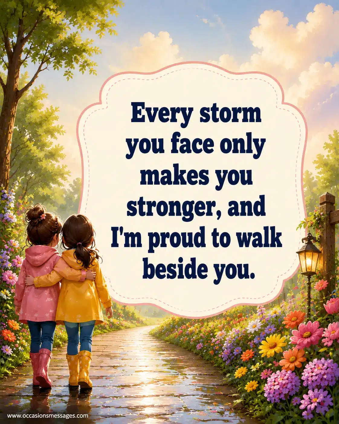 Anime-inspired friendship artwork showing encouragement after difficult times with an inspirational quote about strength, resilience, and unwavering support.