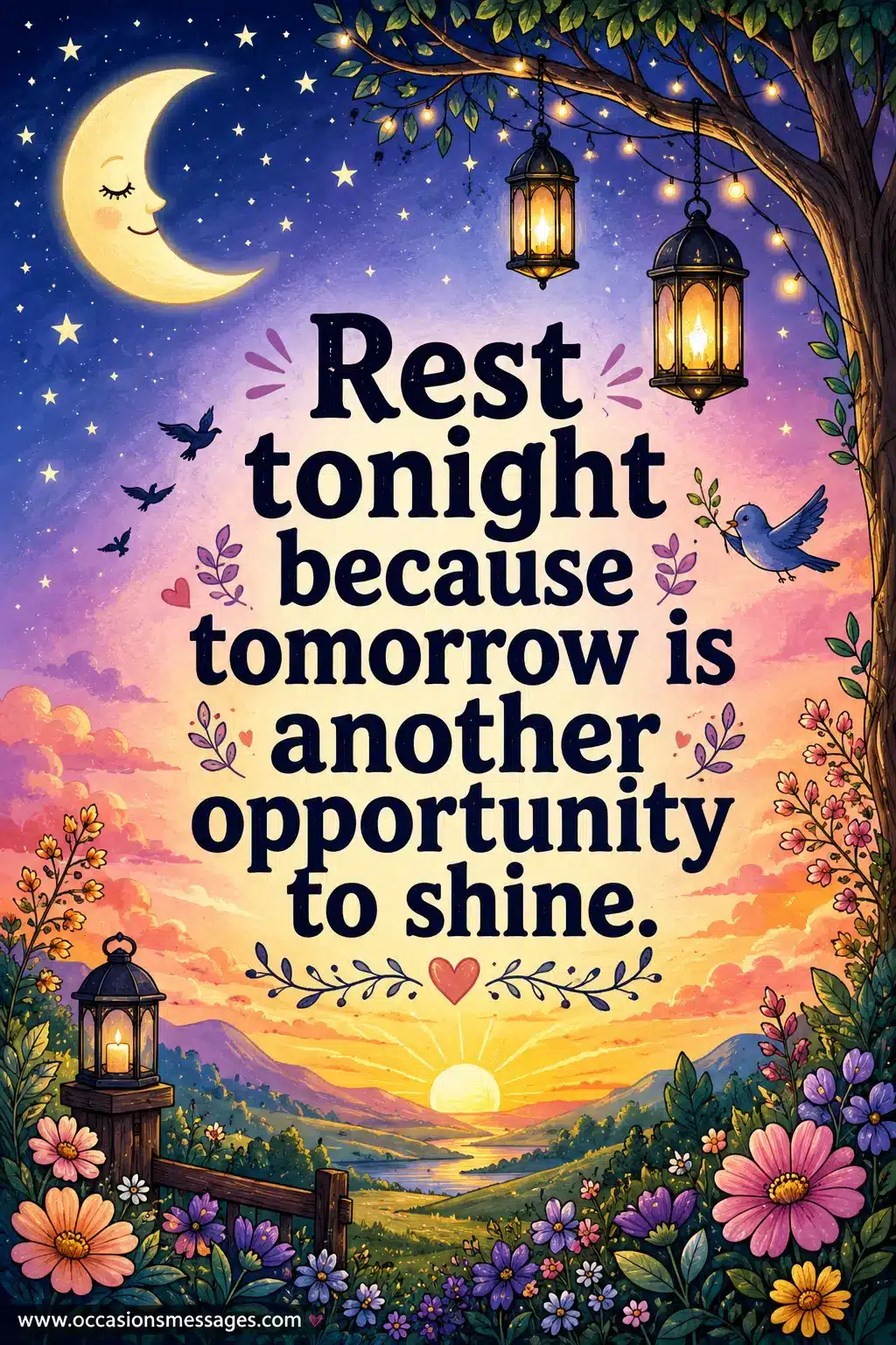 Hand-drawn moon-to-sunrise illustration with peaceful nature and a motivational good night quote encouraging rest before tomorrow's opportunities.