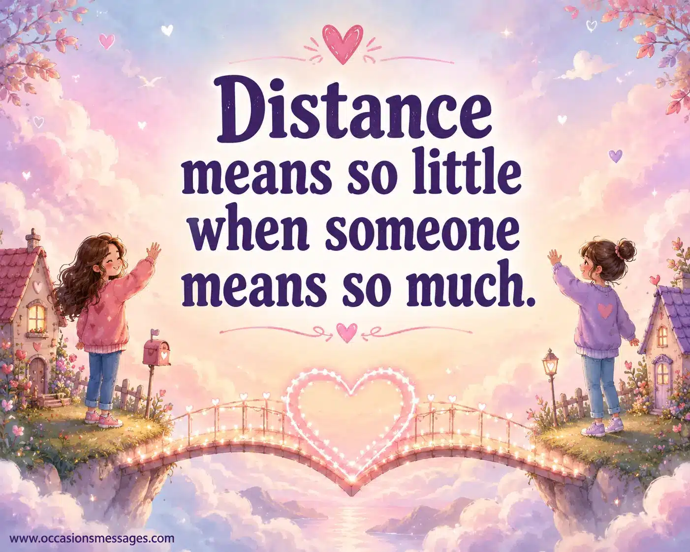 Dreamy pastel illustration of friends connected by a glowing heart bridge, showcasing an inspirational quote about distance meaning little when someone means so much.