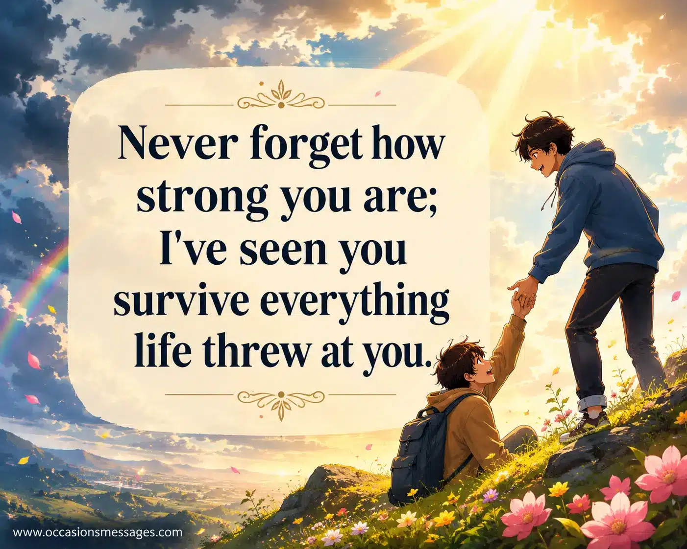 Hand-drawn illustration of two best friends walking together in a colorful park highlighting a heartfelt quote about staying together no matter what.