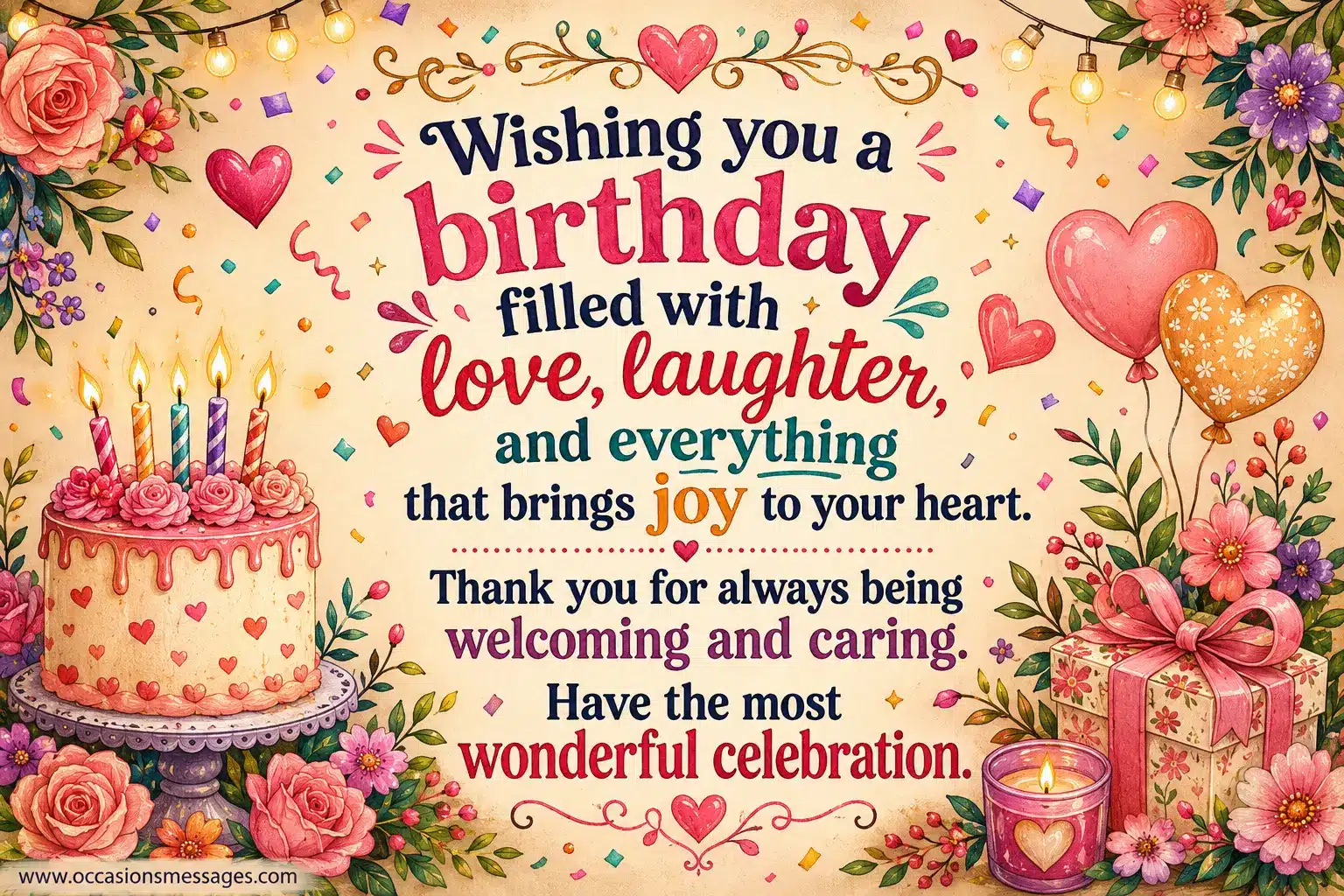 Hand-drawn birthday celebration illustration with floral decorations, cake, candles, and heartfelt birthday wishes expressing love, laughter, gratitude, and appreciation for a caring friend's mother.