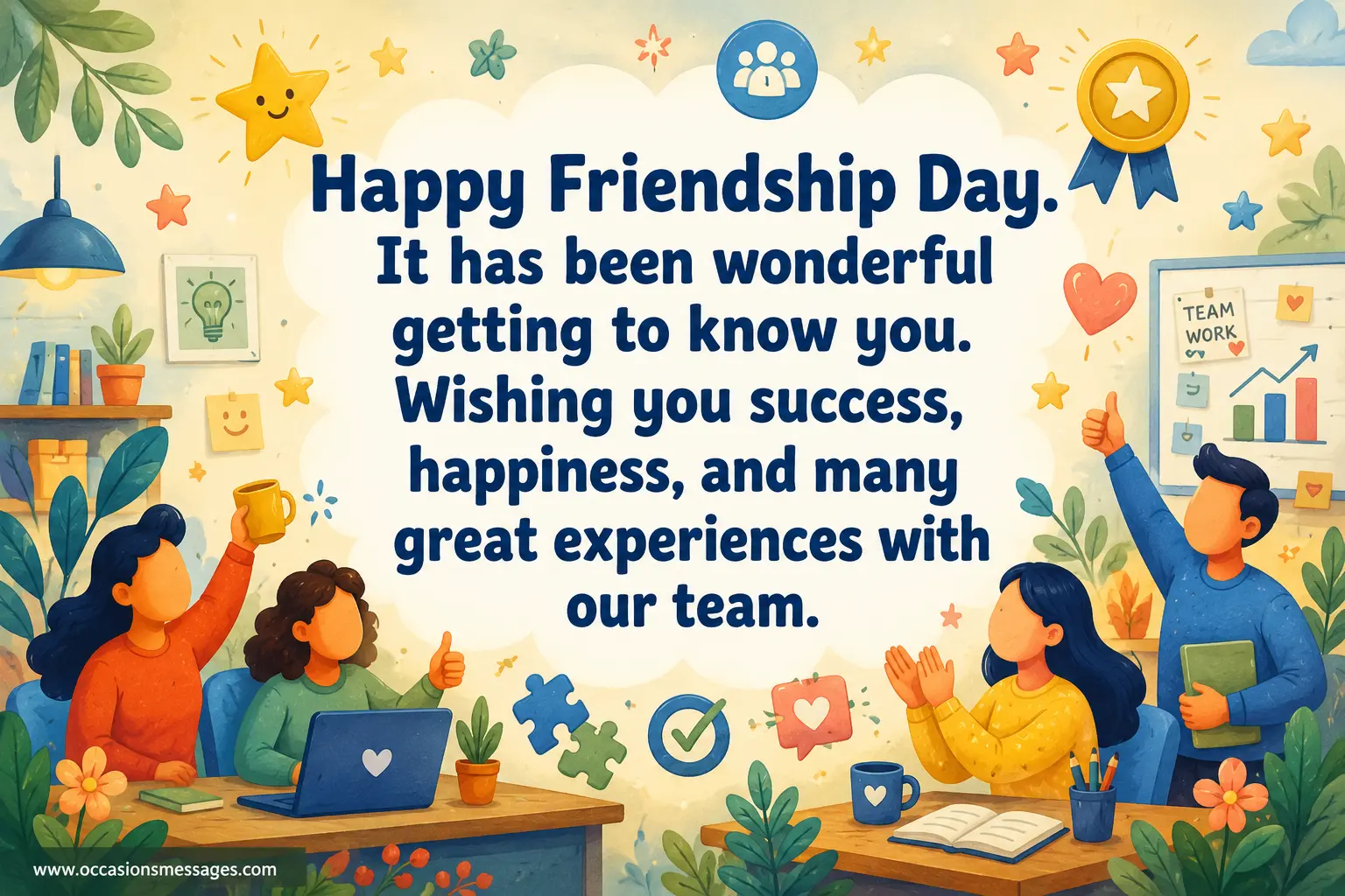 Warm illustrated team celebration representing meaningful workplace friendships, shared success, and appreciation for valued colleagues on Friendship Day.