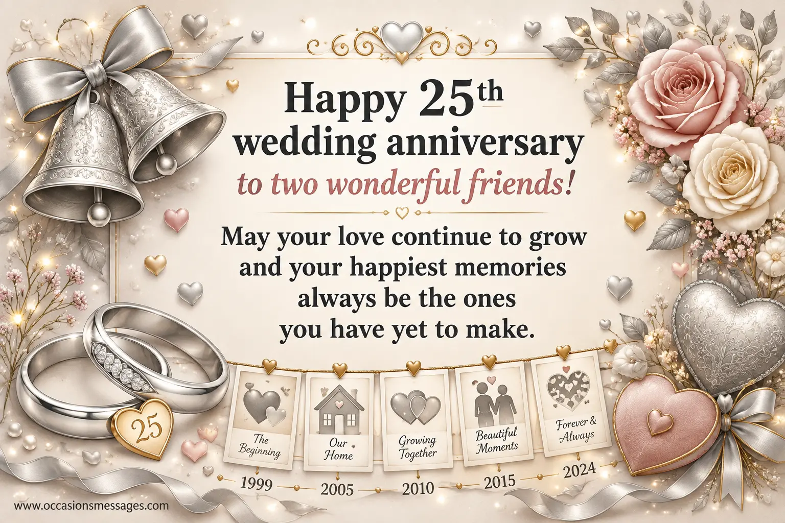 1. Elegant illustrated 25th wedding anniversary celebration with silver rings, flowers, hearts, and memory-inspired decorations representing lasting friendship, growing love, and future memories.