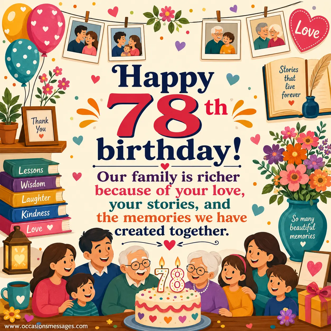 2. Colorful 78th birthday family gathering illustration featuring a birthday cake, memory photographs, balloons, and a heartfelt message about family love.