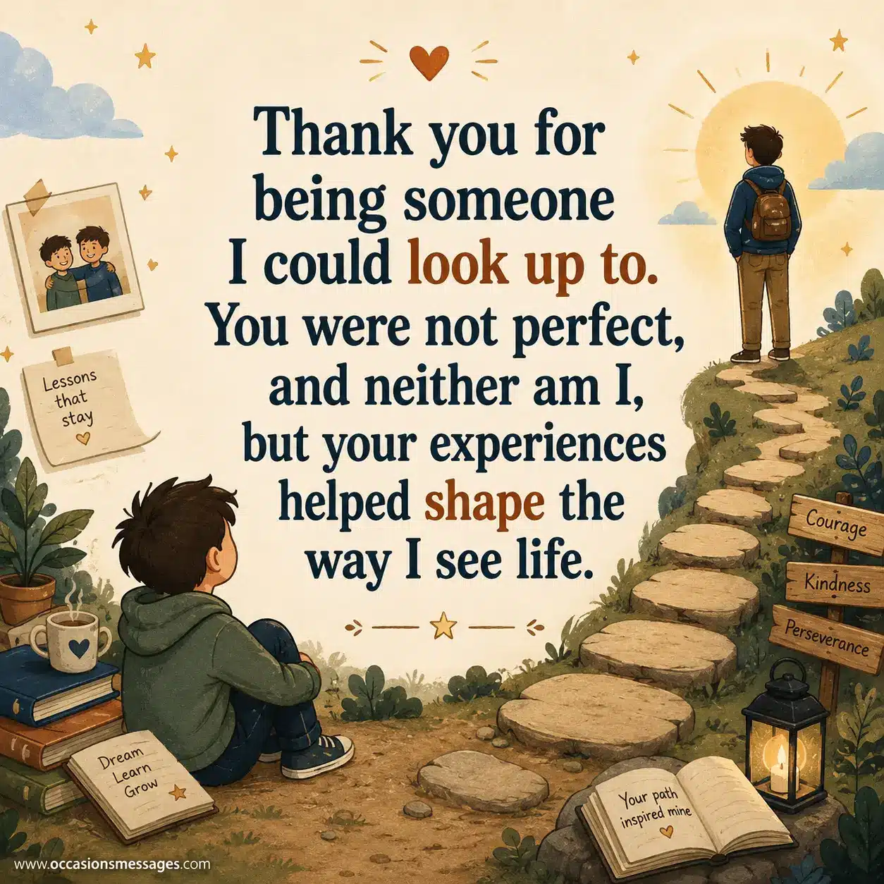 Hand-drawn illustration of brothers on a symbolic life path with books and stars, representing admiration, guidance, and valuable life lessons from a brother.