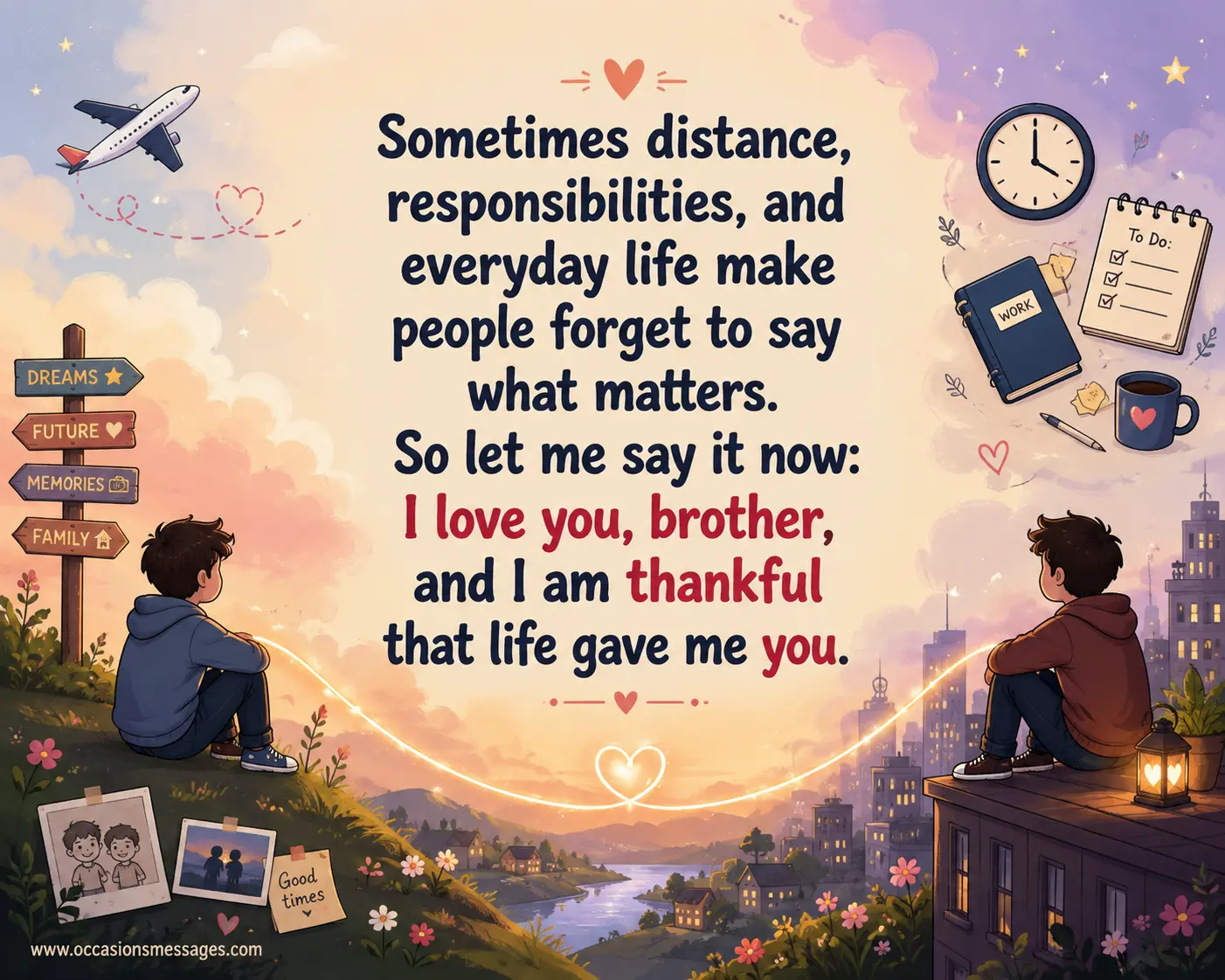 Whimsical illustrated brothers connected by a glowing heart across distance, representing love, gratitude, and appreciation for a brother.