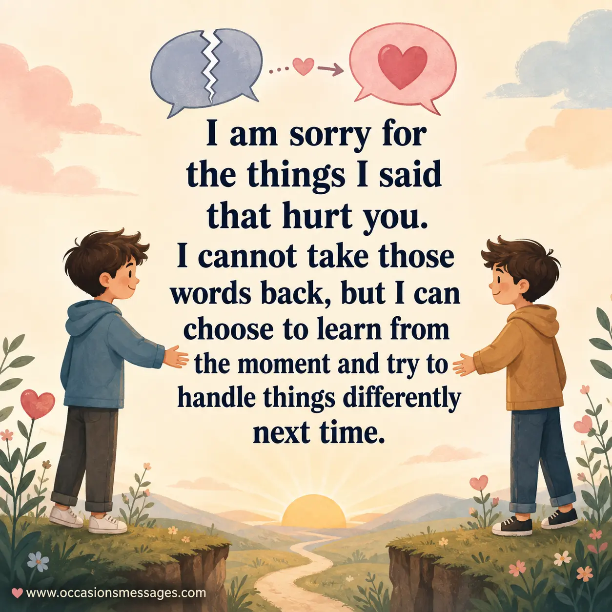 Soft digital illustration of brothers reconnecting after hurt, with a transforming broken speech bubble and heart symbolizing apology, forgiveness, learning, and growth.