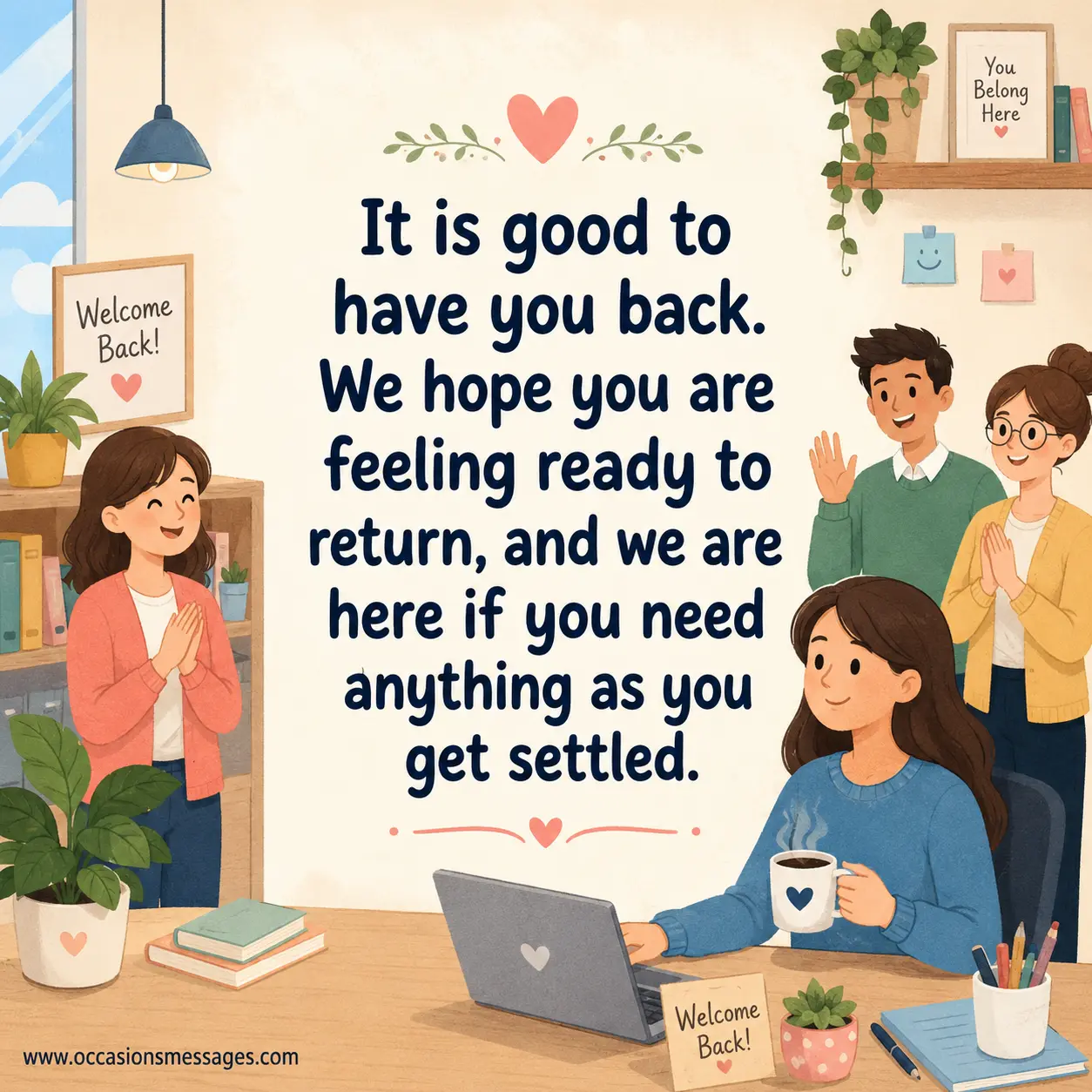 5. Calm pastel workplace illustration showing a returning employee settling back at their desk with supportive colleagues nearby, representing a caring and reassuring welcome.