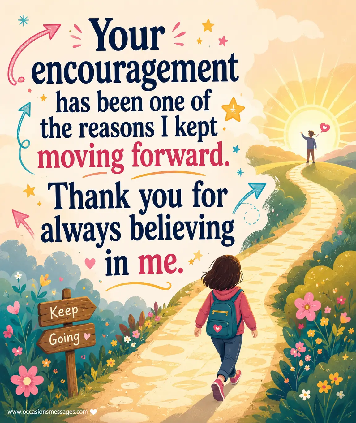 Pastel inspirational scene of a person walking toward a sunrise with supportive symbols, representing gratitude for encouragement and continued belief.