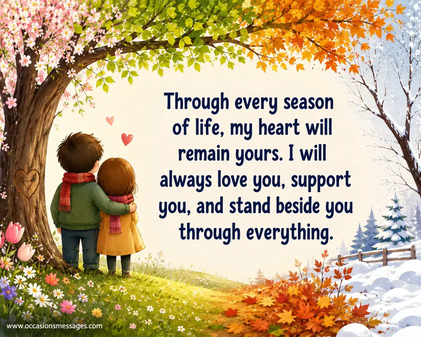Stylized seasonal illustration of a couple standing together beneath a tree surrounded by spring, summer, autumn, and winter details, symbolizing lifelong support and devotion.