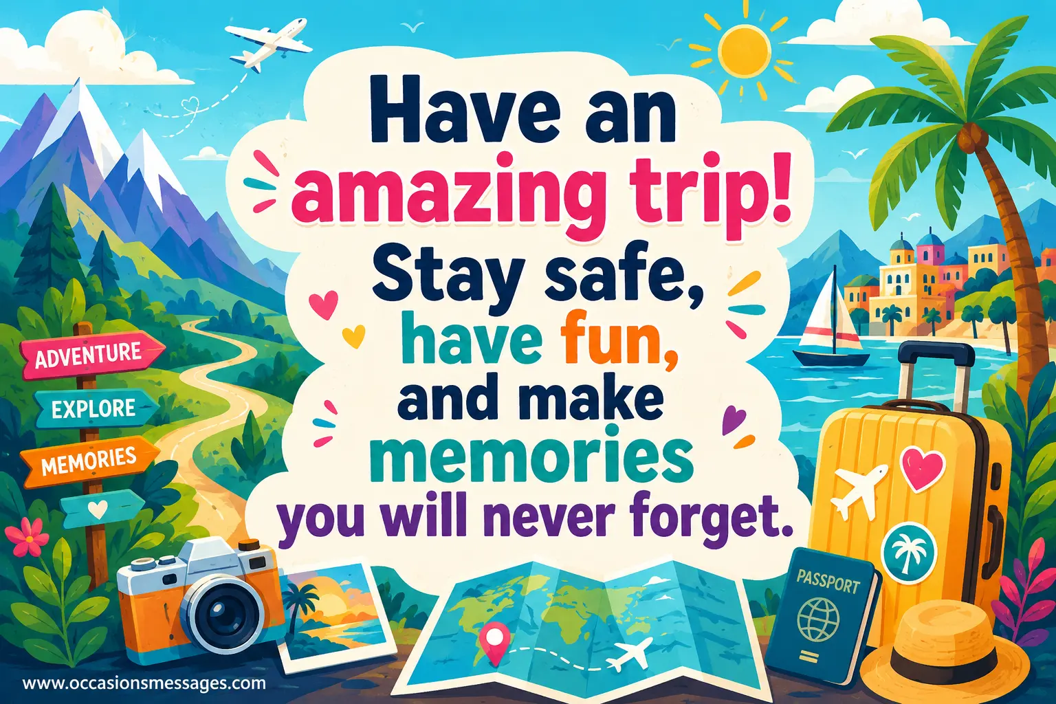 A colorful vacation illustration featuring a traveler, luggage, camera, and scenic destination for an amazing and memorable trip.