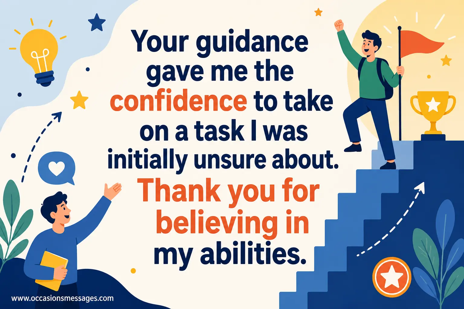 Vector-style illustration of a person overcoming a challenging task with guidance and encouragement, symbolizing confidence and belief in personal abilities.