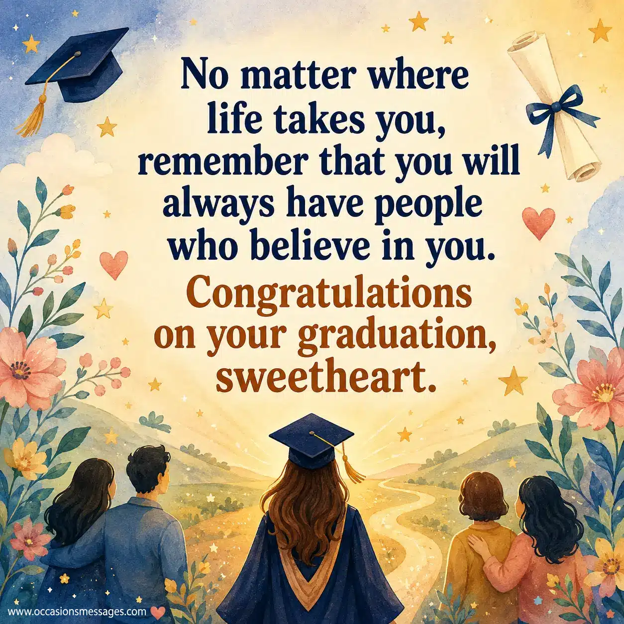 Warm illustrated graduation scene showing a beloved graduate surrounded by supportive figures, flowers, stars, and symbols of encouragement and lifelong belief.