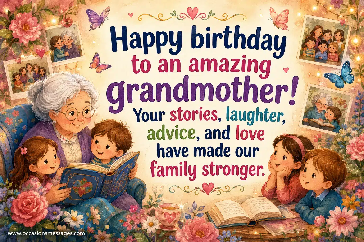 A charming illustrated grandmother celebrating her 91st birthday with family-inspired decorations, flowers, an open storybook, butterflies, and symbols of laughter and wisdom.