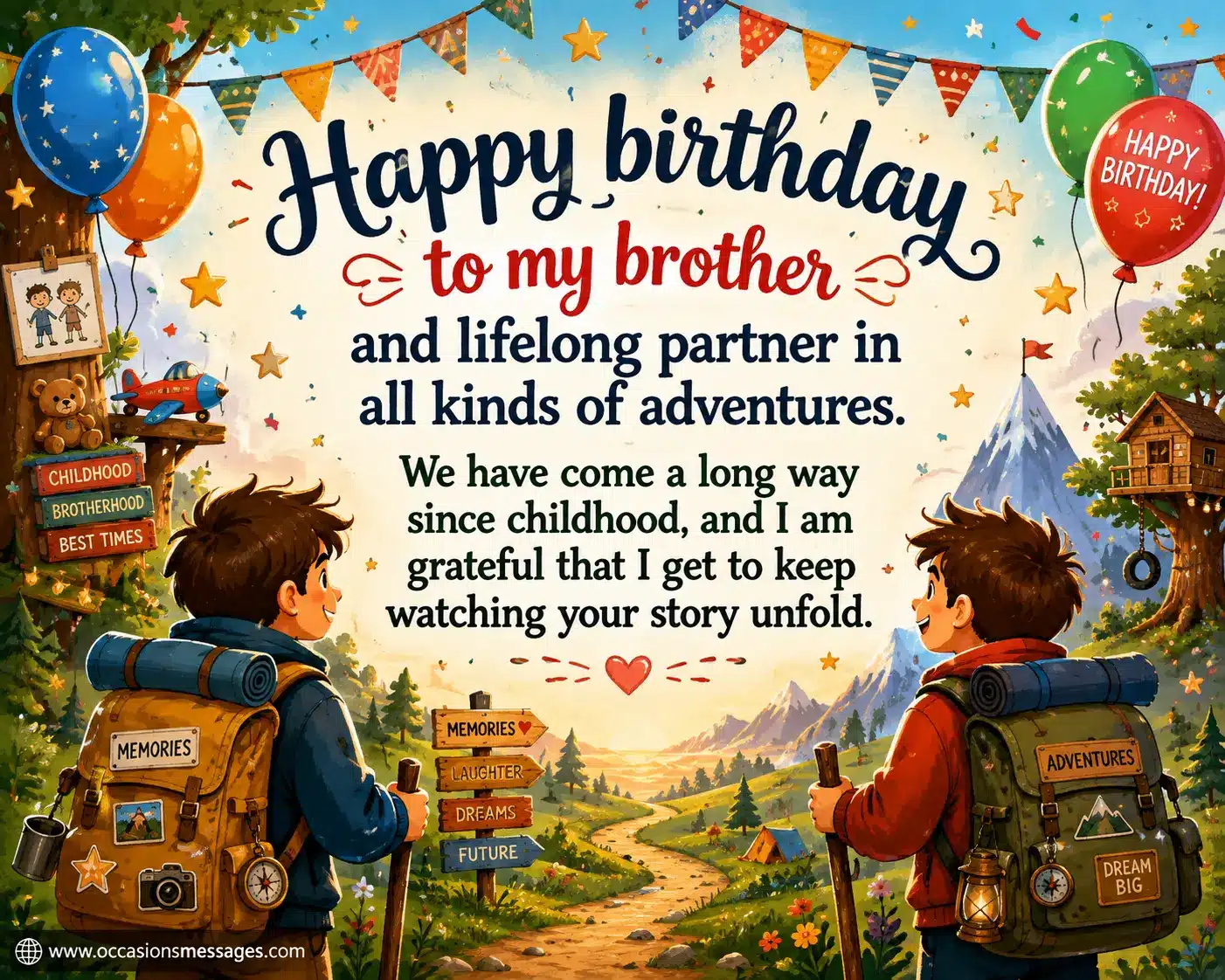 Festive cartoon birthday illustration of two brothers enjoying a colorful adventure filled with balloons, childhood memories, travel symbols, and celebration.