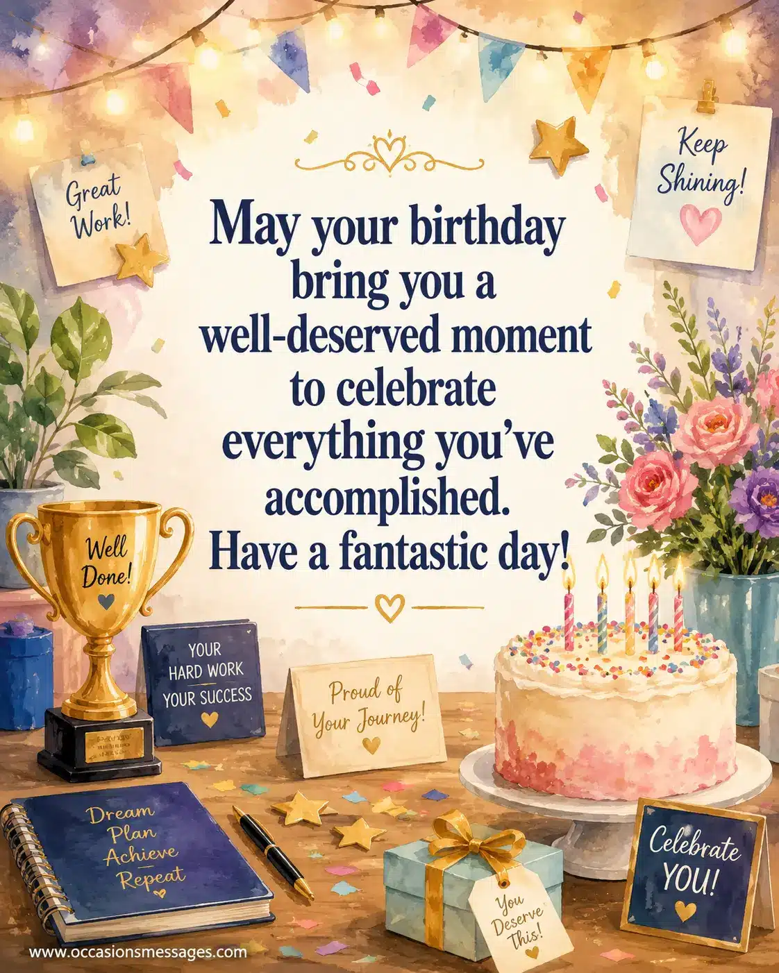 7. Pastel watercolor birthday celebration with achievement symbols, a trophy, cake, and confetti representing accomplishments and a well-deserved day of celebration.