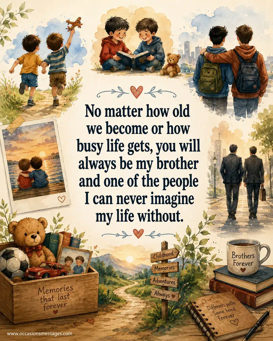 Pastel watercolor illustration showing the lifelong journey of two brothers through childhood and adulthood, symbolizing an unbreakable sibling bond despite time and distance.