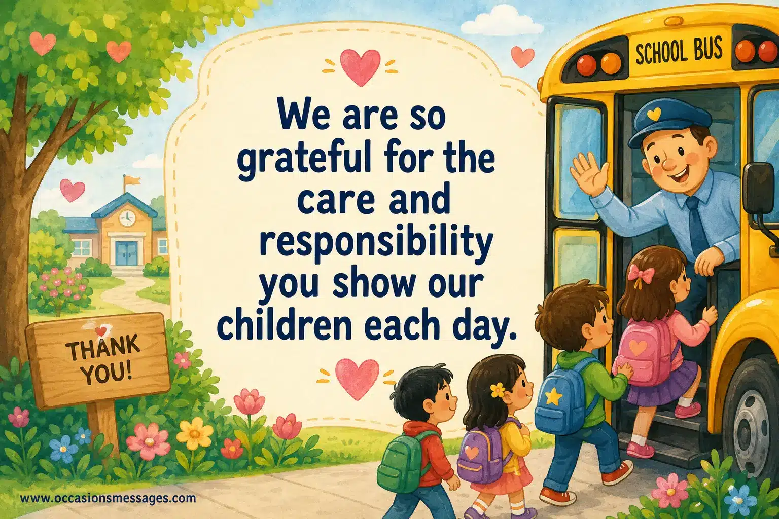 3. Caring school bus driver welcoming children with backpacks, highlighting gratitude for responsibility, care, and children's safety.