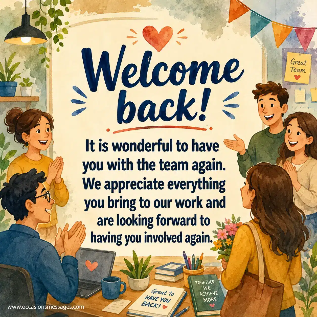 3. Supportive illustrated office team celebrating an employee's return, conveying appreciation for their contributions and enthusiasm for renewed collaboration.