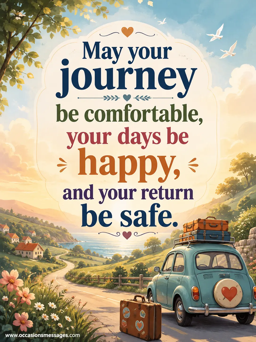 A serene journey illustration with warm sunlight, flowers, and a scenic road representing comfort, happiness, and a safe return.