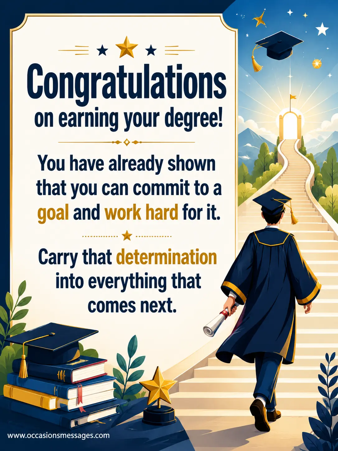 Stylized graduate holding a diploma and walking toward a bright pathway, representing determination, ambition, earning a degree, and future success.