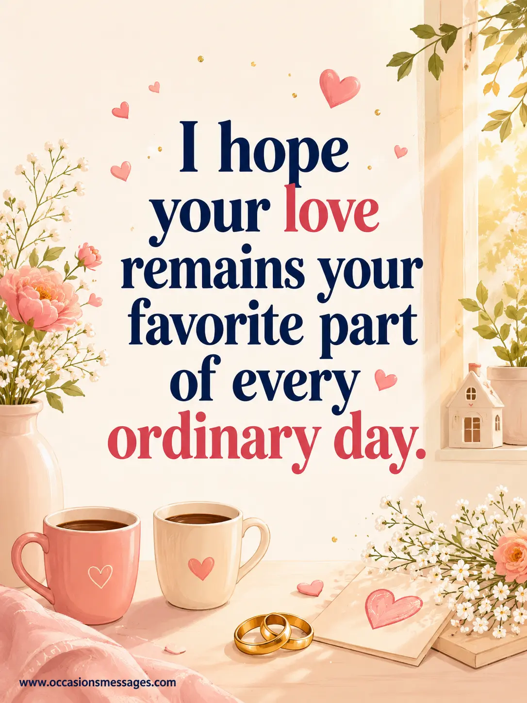 4. Soft pastel illustration of a cozy married-life setting with coffee, flowers, sunlight, and hearts symbolizing love as the favorite part of everyday life.
