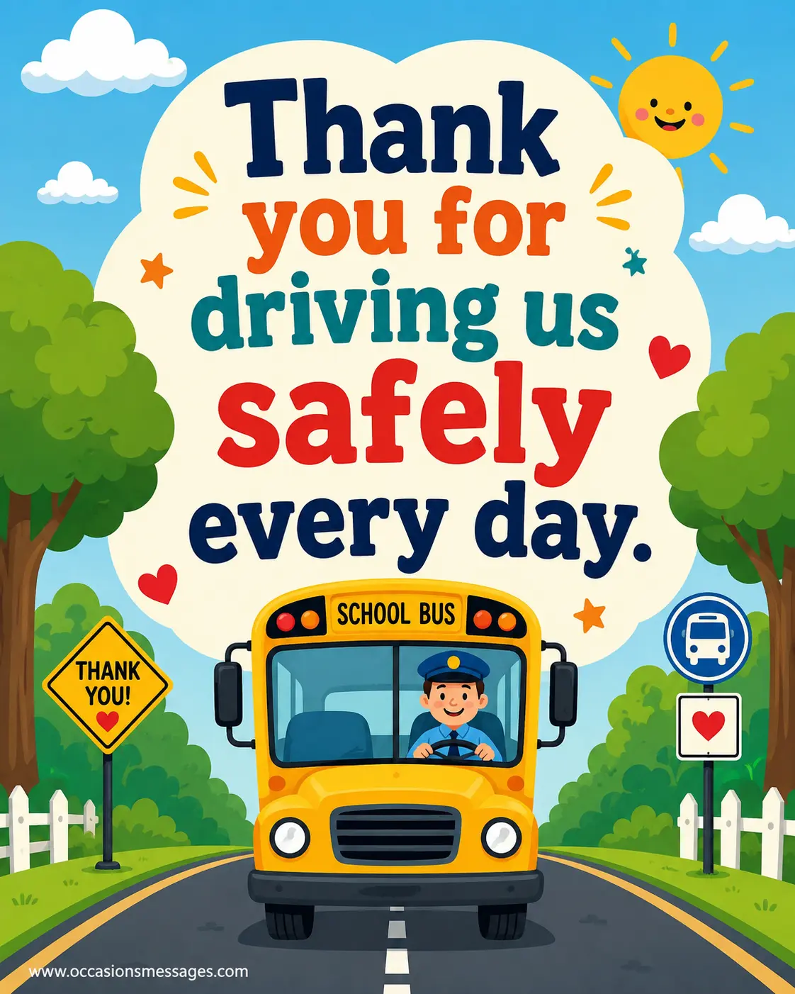 2. Colorful illustrated school bus traveling safely through a sunny neighborhood, expressing appreciation for dependable daily driving.