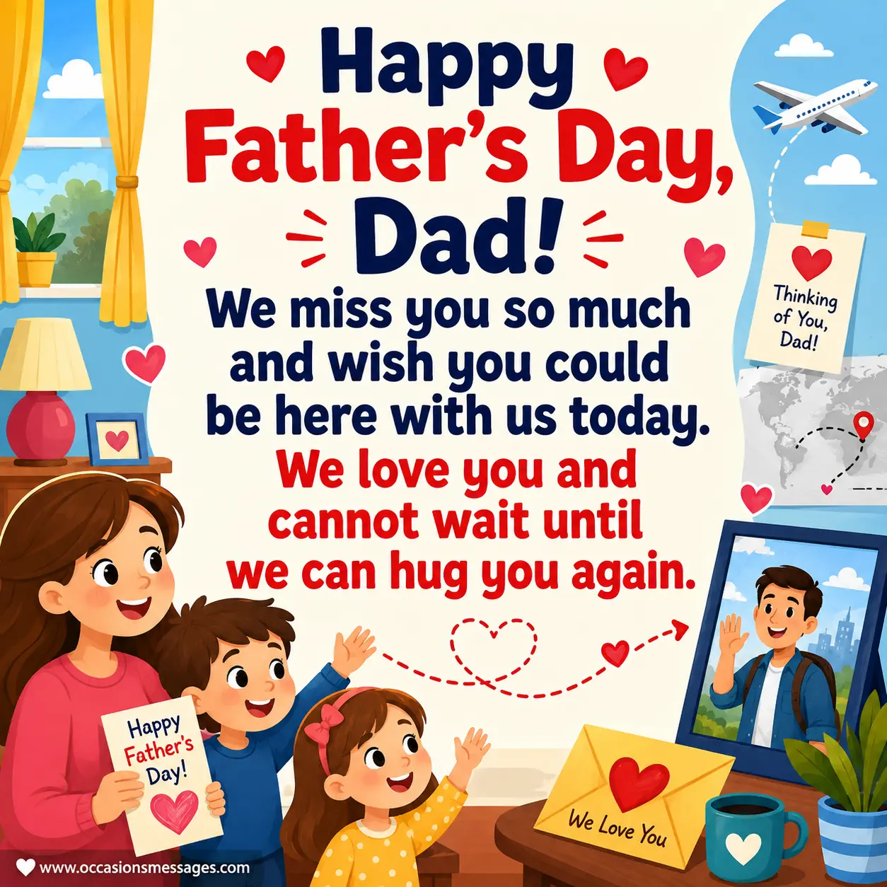 Cheerful illustrated family missing their dad on Father's Day, sharing love and looking forward to hugging him again.