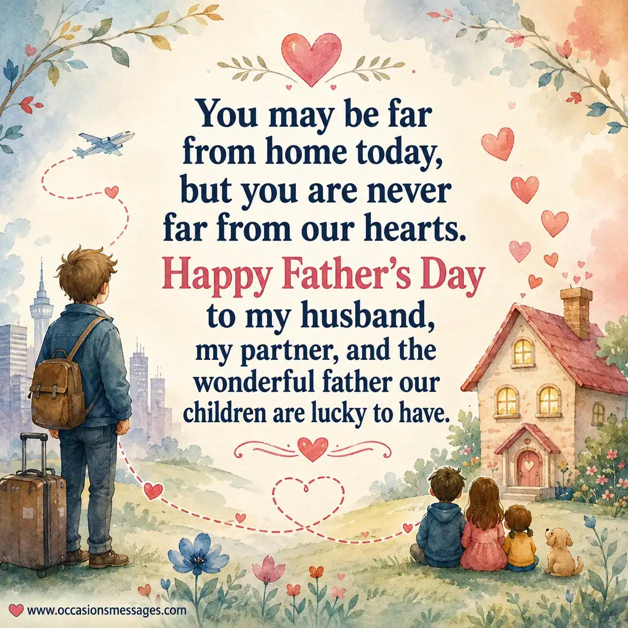 Whimsical watercolor scene showing a distant father connected to his family by hearts, symbolizing that love remains close despite being far from home.
