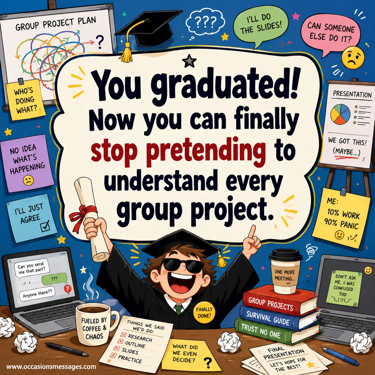 Humorous cartoon graduation illustration featuring a celebratory graduate, diploma, academic clutter, laptops, and chaotic group project elements representing graduation success and relief.